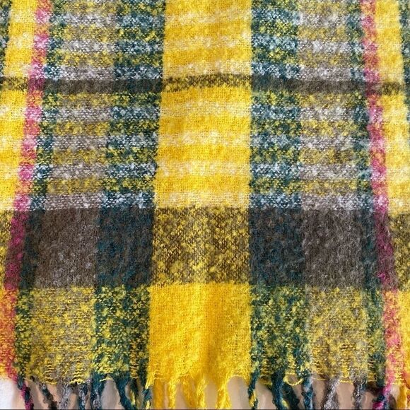 Yellow Pink Green Grey Plaid Eyelash Fringe and Tassel Scarf - Picture 4 of 11
